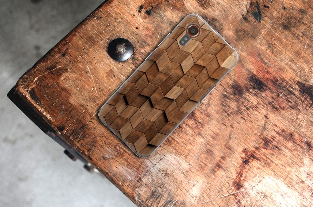 Bumper Hoesje voor Samsung Galaxy Xcover 7 Wooden Cubes op een houten tafel, stijlvol en duurzaam ontwerp đŧ.