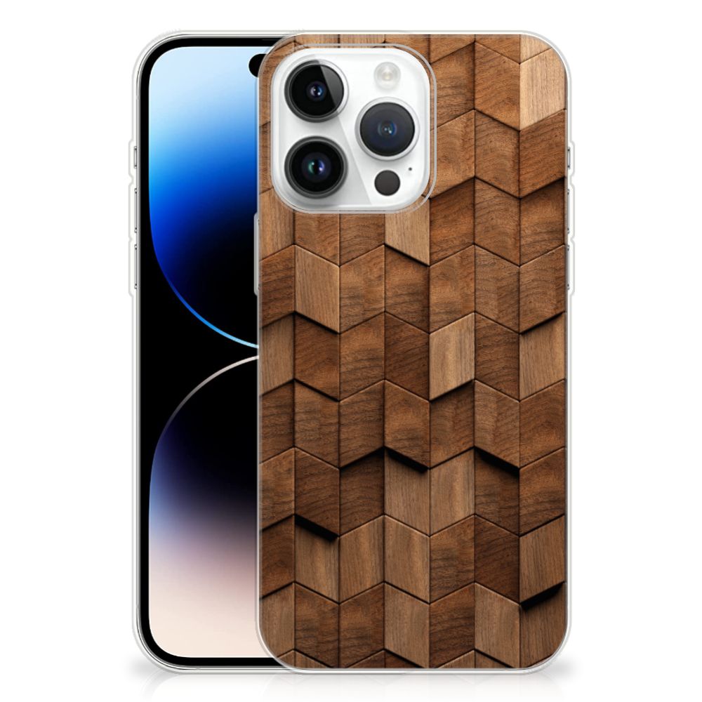 Bumper Hoesje voor iPhone 14 Pro Max Wooden Cubes met een mooi houtprint design.