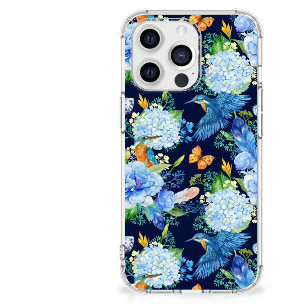 Case Anti-shock voor iPhone 13 Pro Max IJsvogel met bloemen en ijsvogels op een blauwe achtergrond.