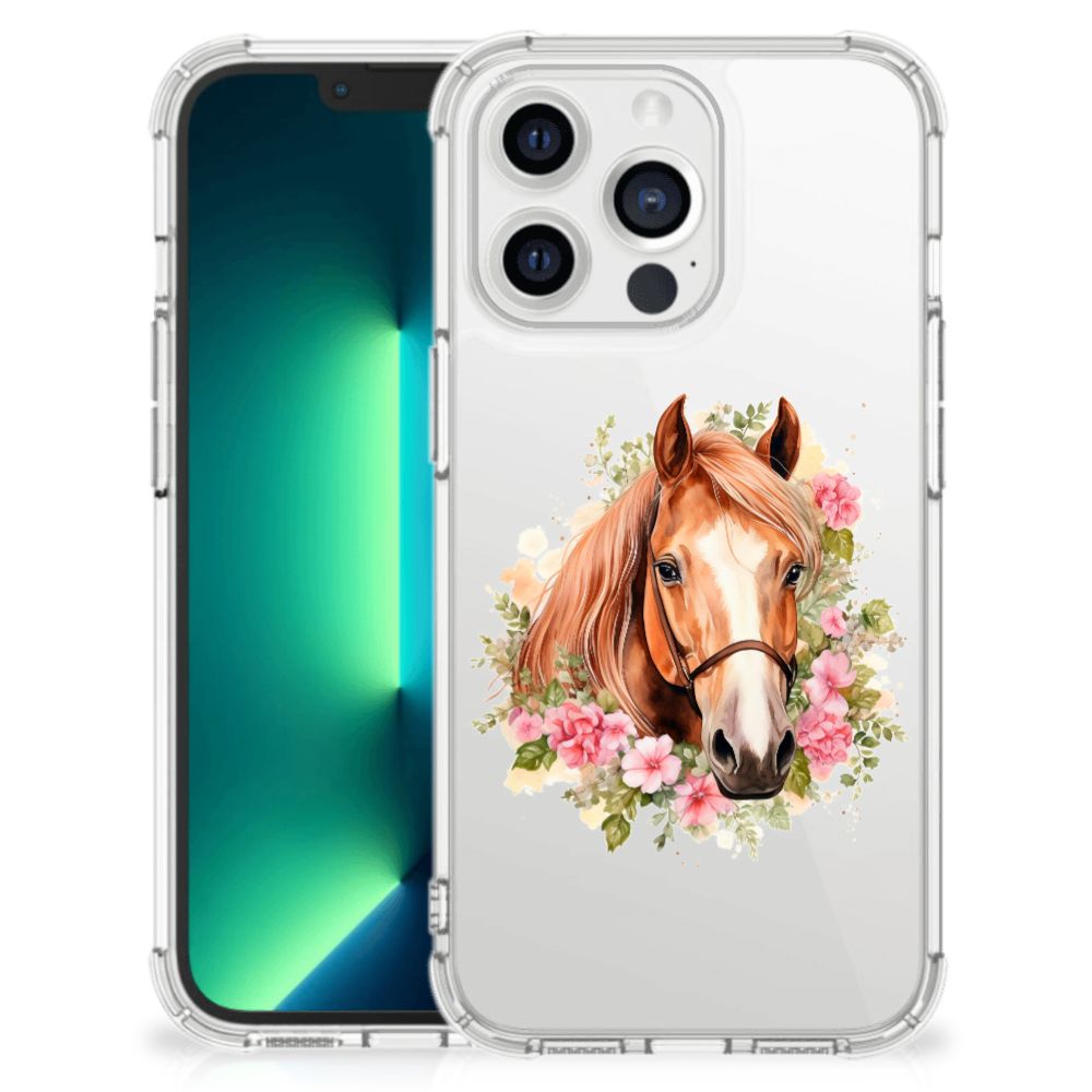 Case Anti-shock voor iPhone 13 Pro Max Paard met een mooie paardenafbeelding en bloemen.