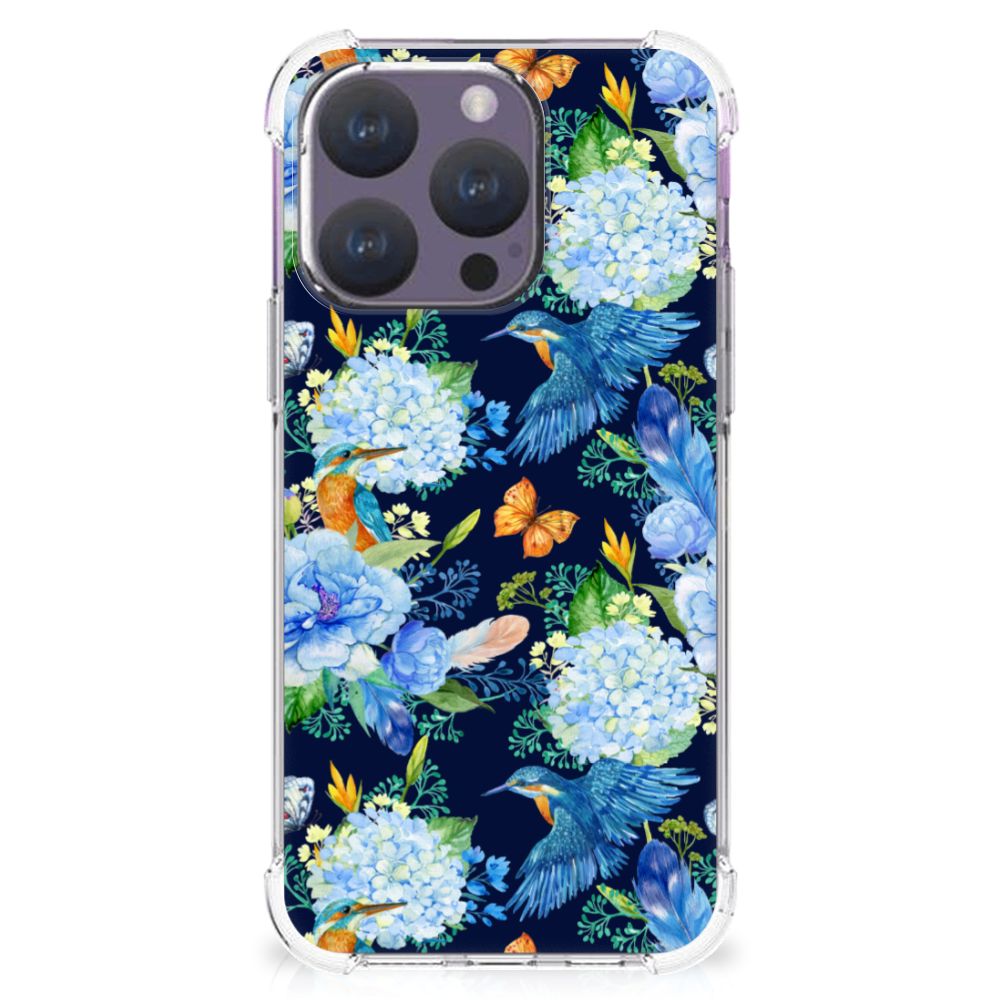 Case Anti-shock voor iPhone 15 Pro IJsvogel design bloemen aanzicht