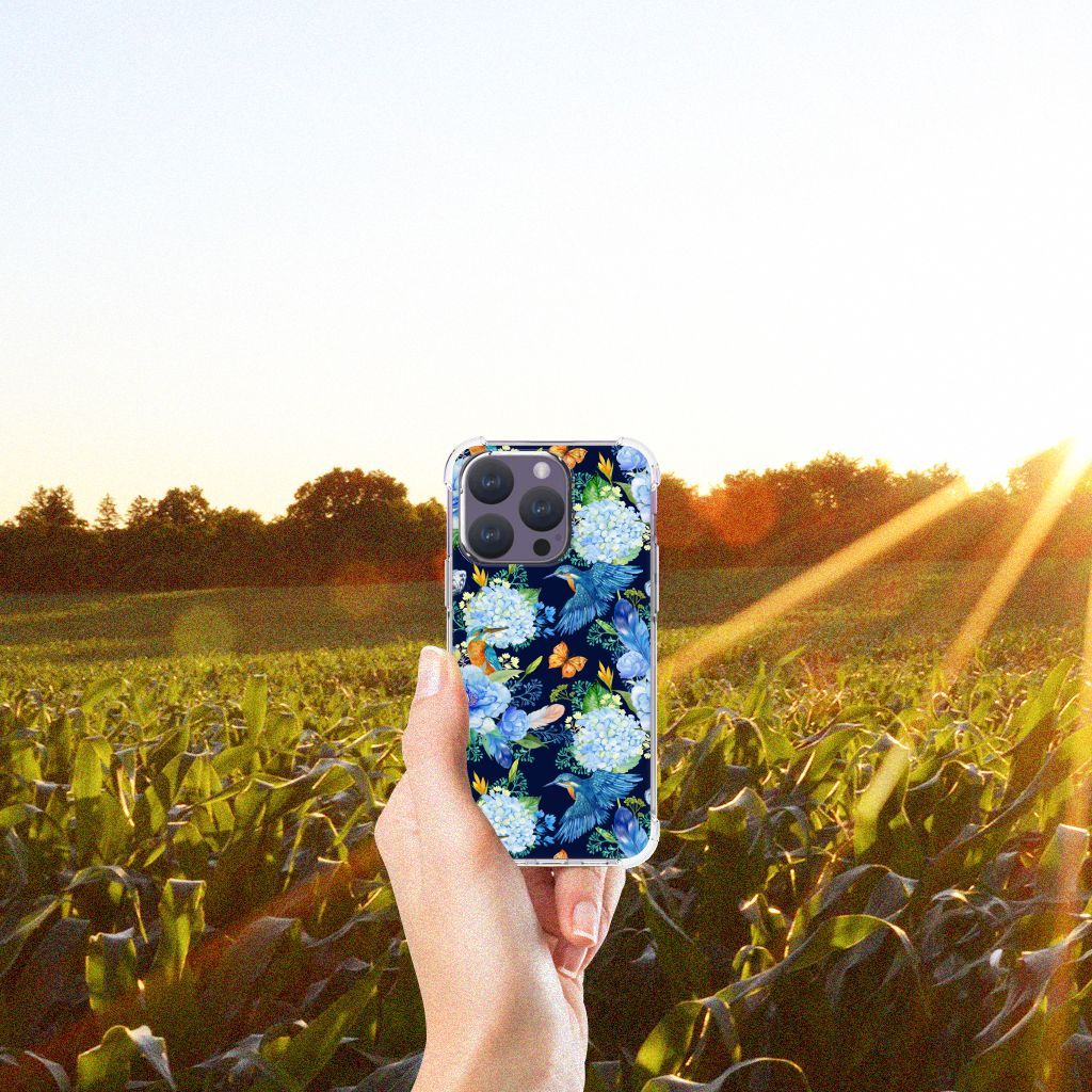 iPhone 15 Pro Case Anti-shock IJsvogel bloemen design hand uitzicht