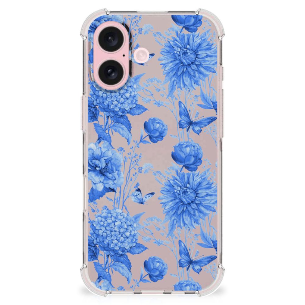 Apple iPhone 16 Case voor iPhone 16 Flowers Blue bloemen blauw achterkant