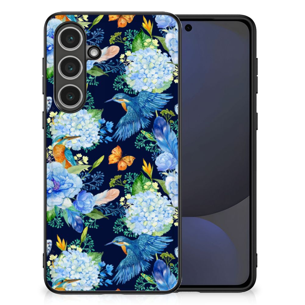 Samsung Galaxy S24 FE Dierenprint Telefoonhoesje IJsvogel bloemen achterzijde