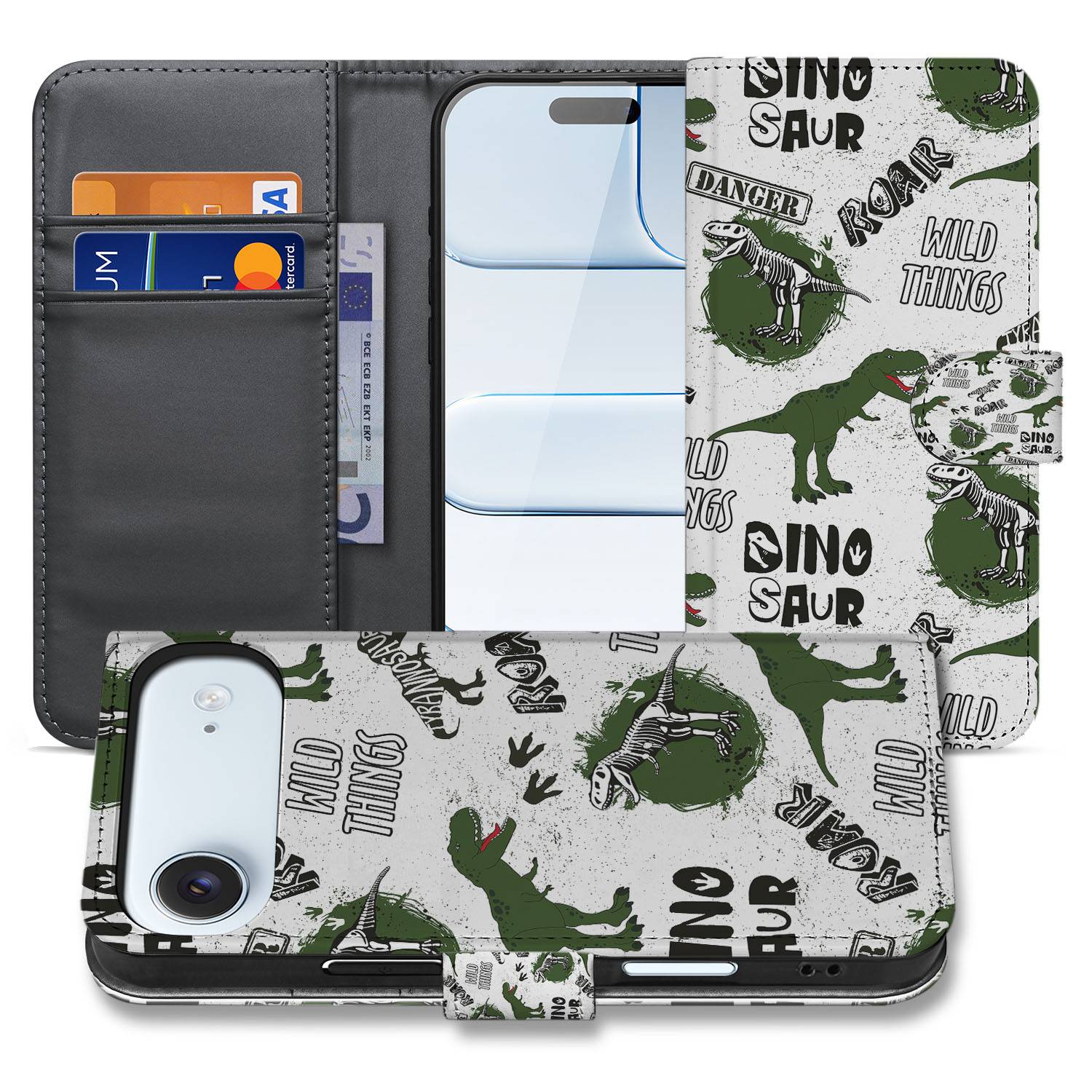 Dino Print Hoesje Voor Apple iPhone Air Portemonnee Hoesje dinosaurusprint binnenkant zwart