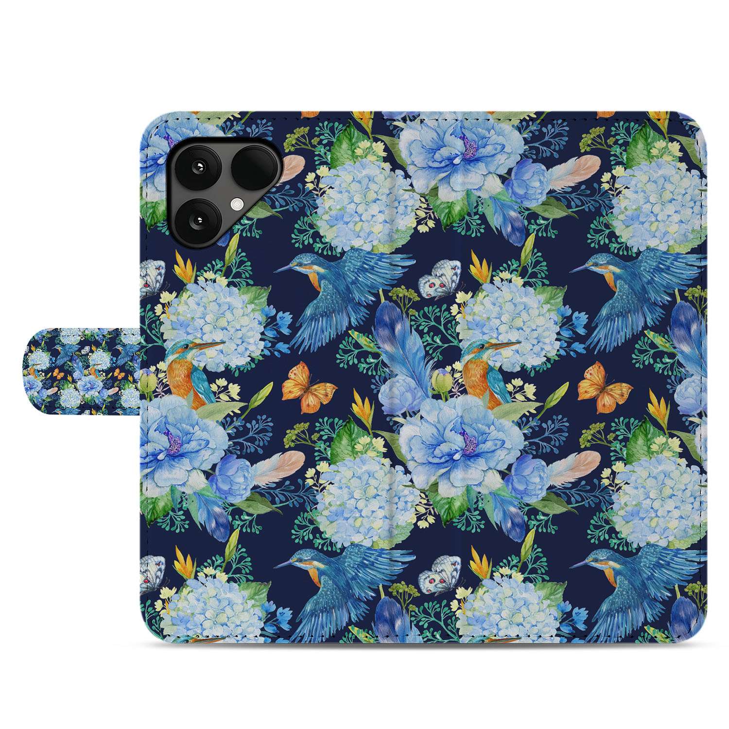 Fairphone 6 Elegant Ijsvogel And Bloemen Design Bookcase Hoesje bovenaanzicht