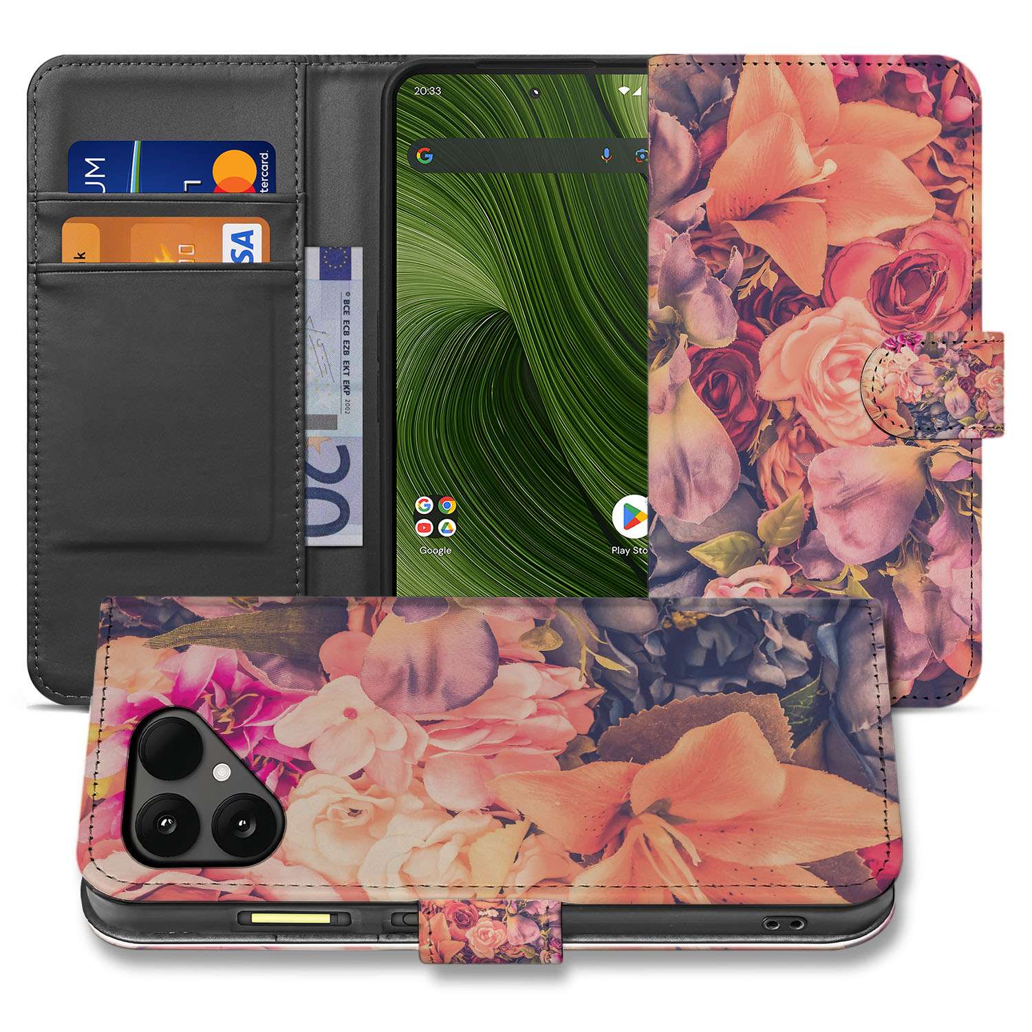 Fairphone 6 Bookcase Hoesje Elegante Bosje Bloemen Print in Roze Oranje en Paars aanzicht