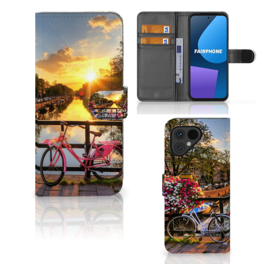 Fairphone 5 Flip Cover Amsterdamse Grachten hoesje fietsen design voorkant achterkant