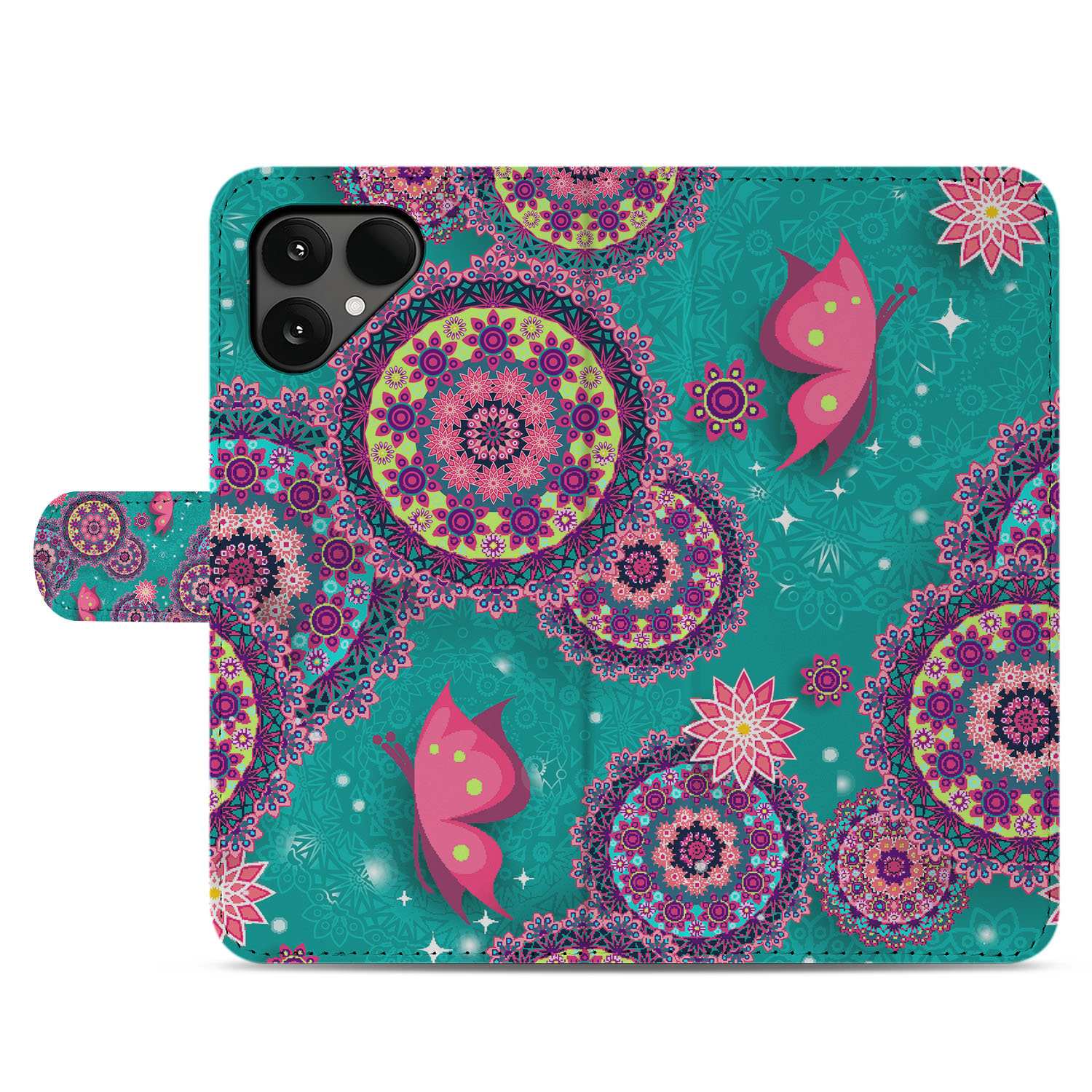 Fairphone 6 Book Case & Portemonnee Hoesje Cirkels en Vlinders turquoise vlinders mandala patronen