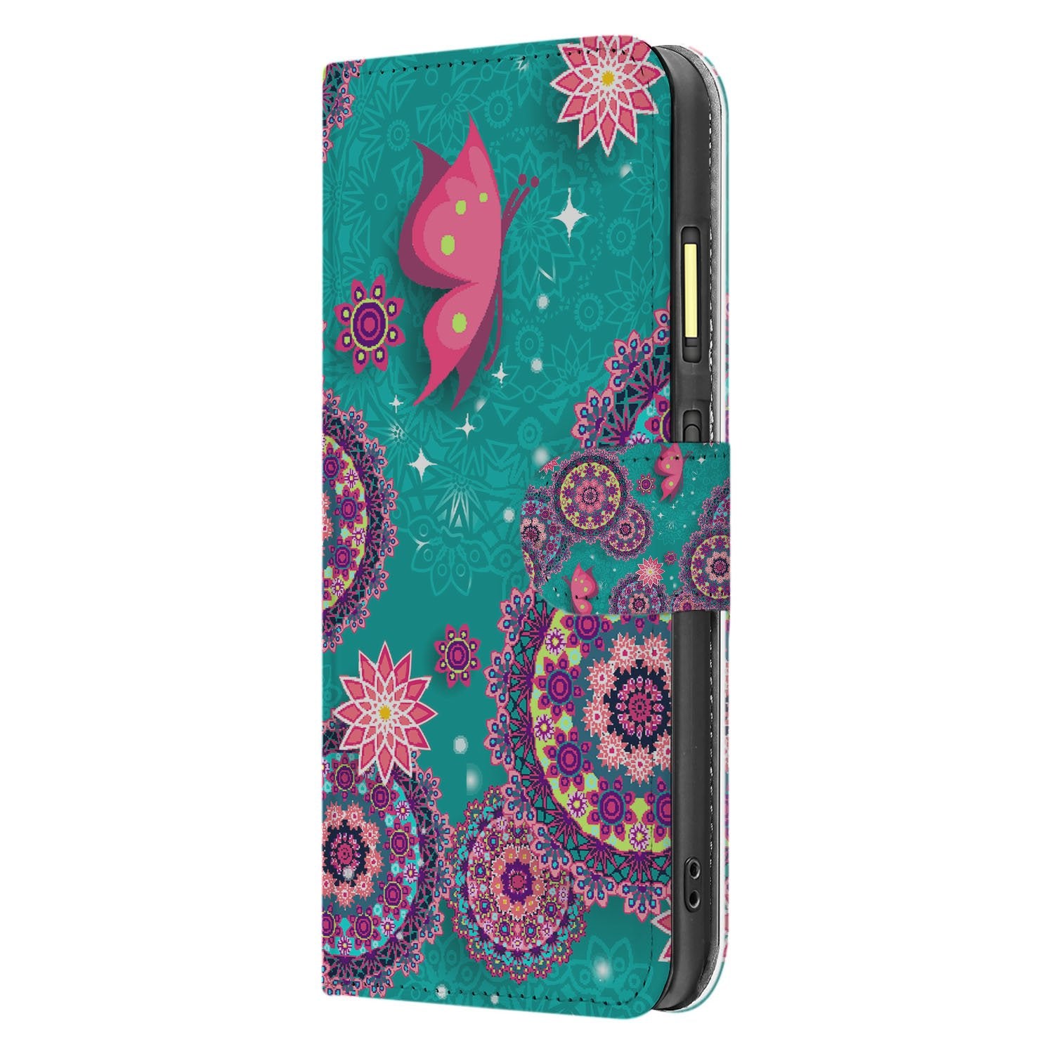 Fairphone 6 Book Case & Portemonnee Hoesje Cirkels en Vlinders zijaanzicht cirkels vlinders turquoise roze