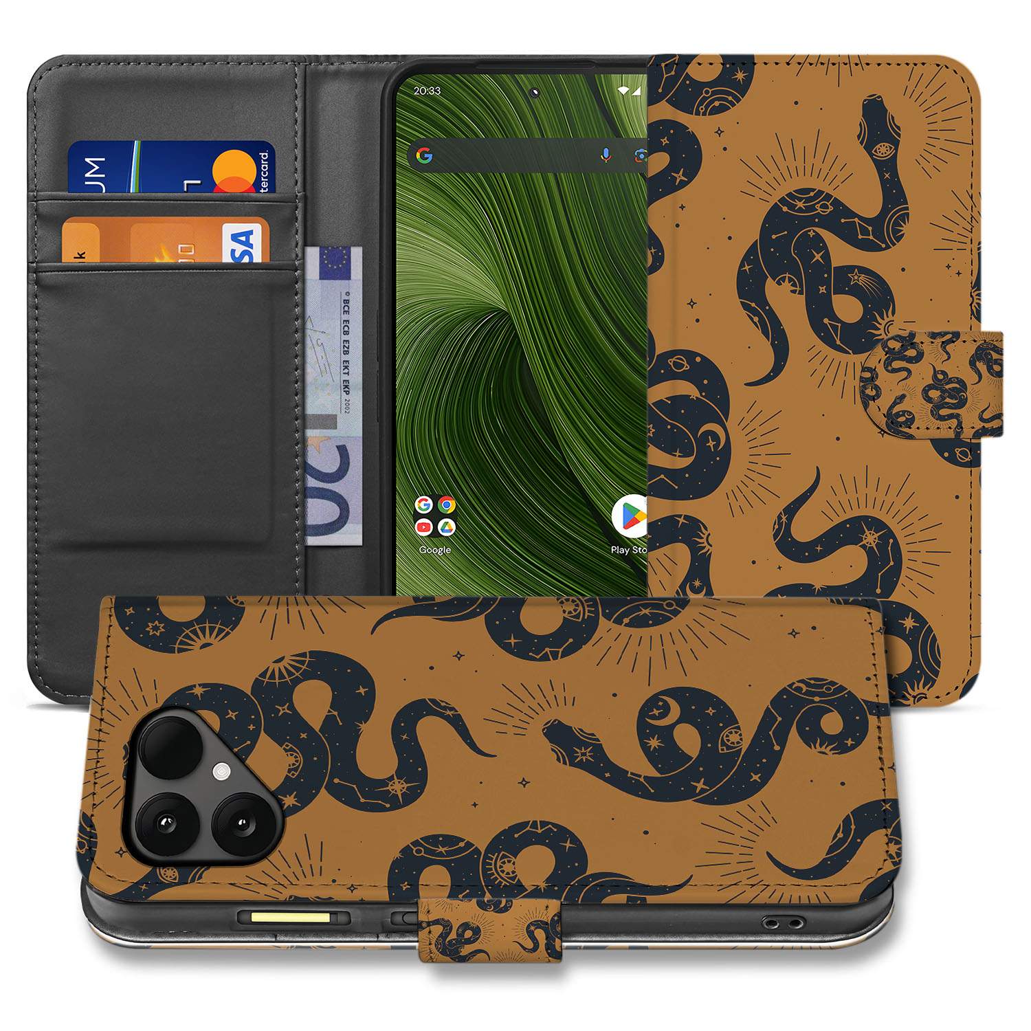 Fairphone 6 Book Case Slangenontwerp voorkant donkerbruin slangenprint