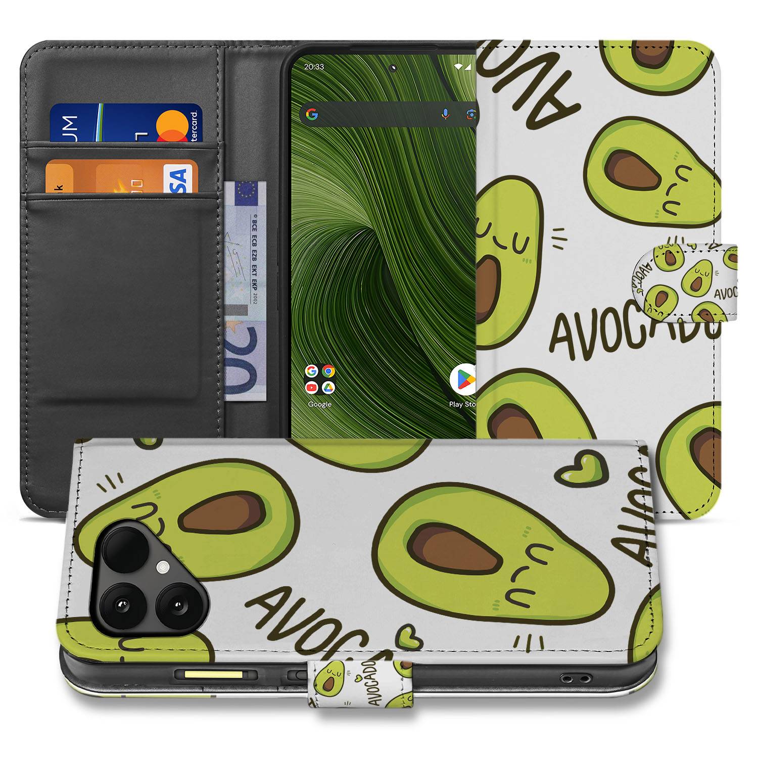 Fairphone 6 Bookcase Hoesje Avocado Singing Design In Groen Met 3 Pasjes Vakken voorkant binnenkant