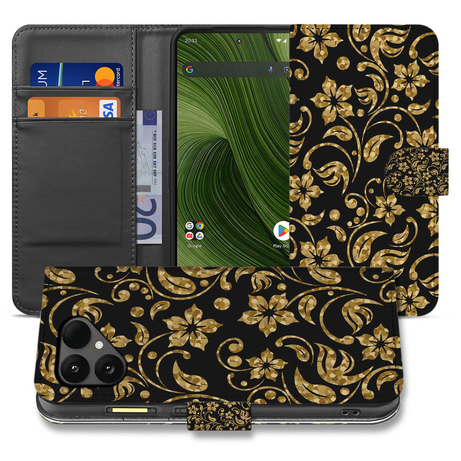Fairphone 6 Bookcase Hoesje Gouden Bloemen Met Pasjesvak design gouden bloemen aanzicht