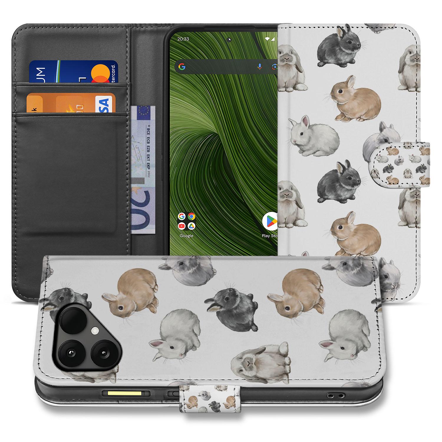 Fairphone 6 Bookcase Hoesje Met Konijntjes Design vooraanzicht