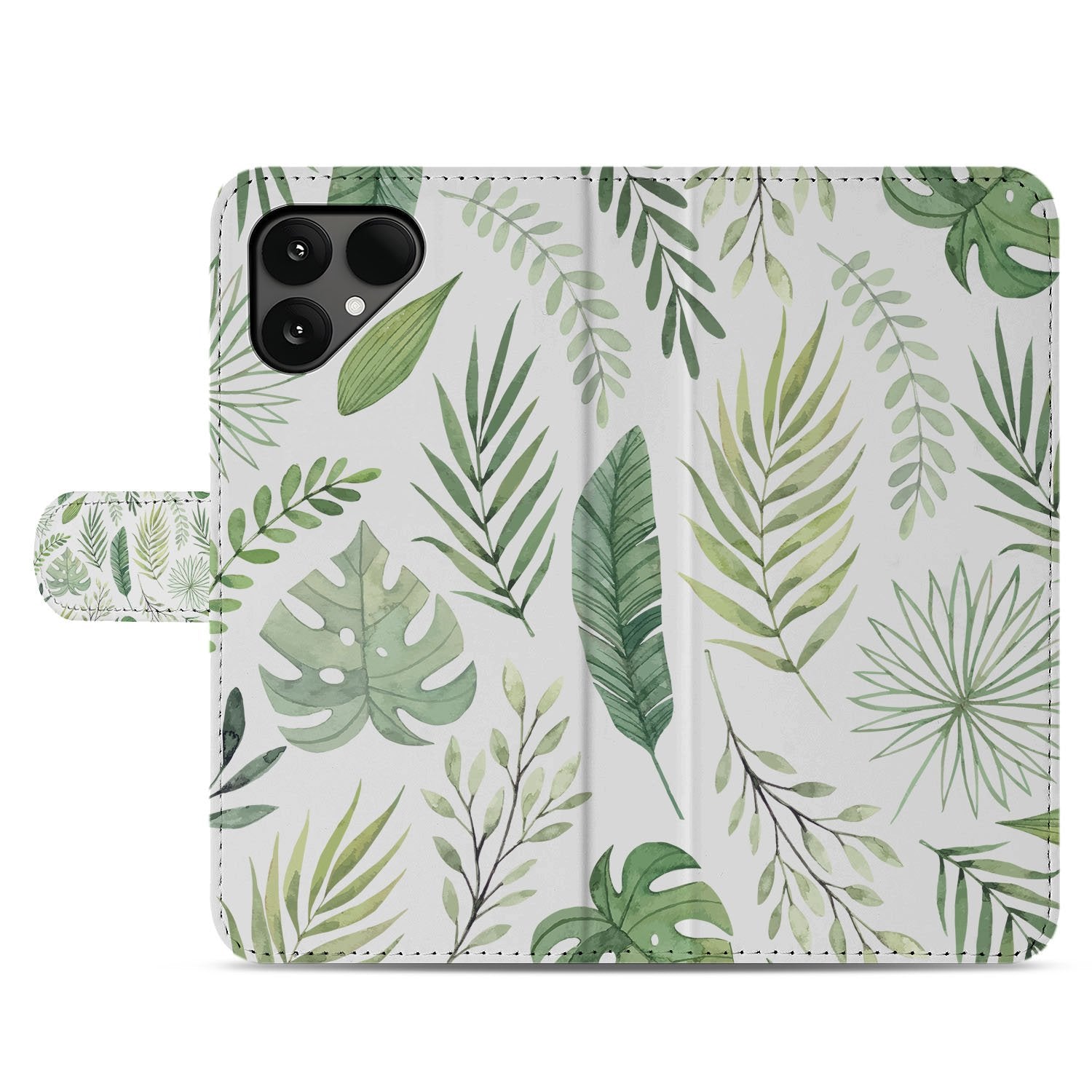 Fairphone 6 Bookcase Hoesje met Bladeren Design in Lichtgroen Wit en 3 Pasjes voorkant bladerenprint
