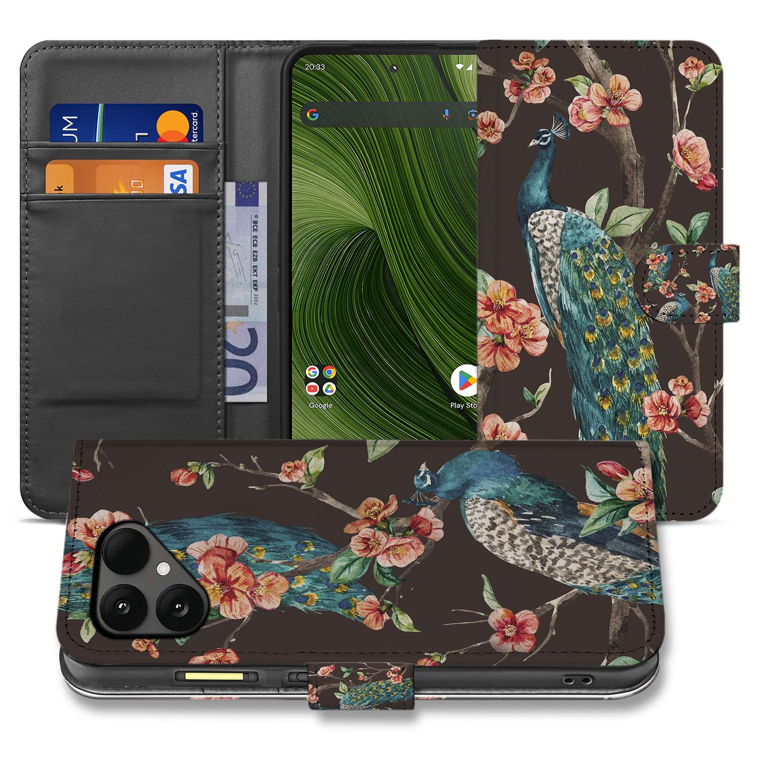 Fairphone 6 Portemonnee Hoesje Met Pasjes Pauw Bloemen Print hoesje binnenkant vooraan