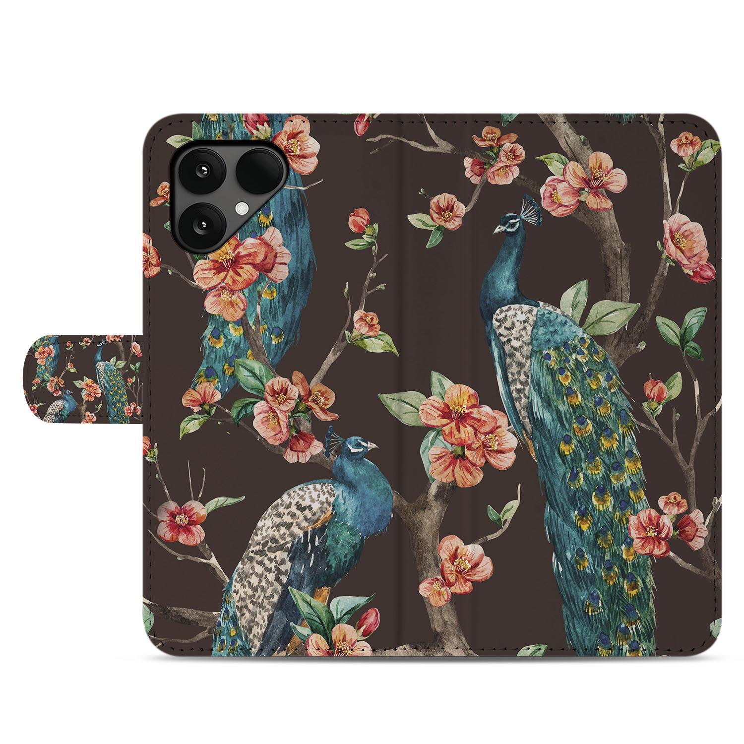 Fairphone 6 Portemonnee Hoesje Met Pasjes Pauw Bloemen Print design pauw bloemen voorkant