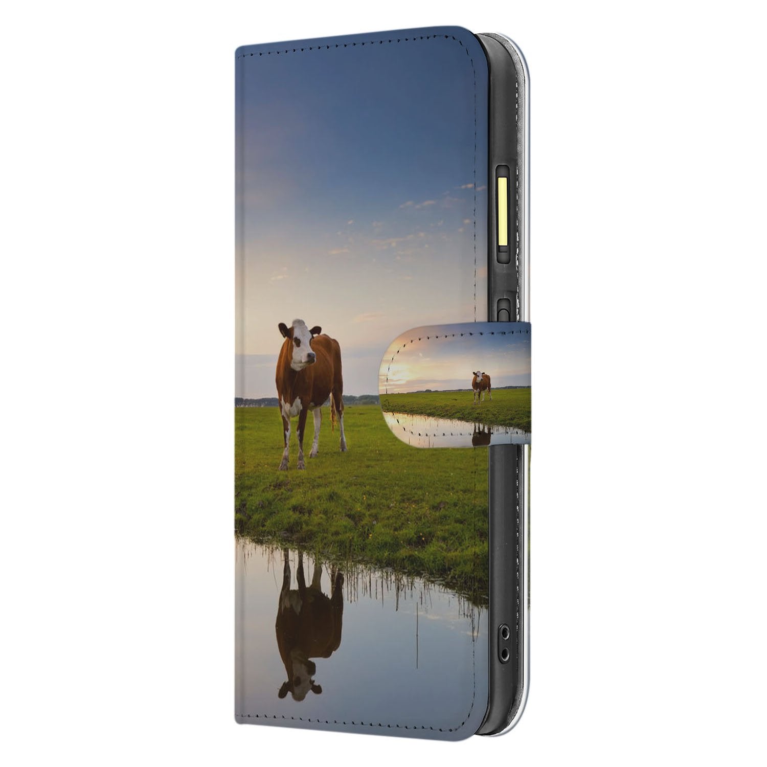Fairphone 6 Stijlvol Bookcase Hoesje Koeienprint Zwart-Wit Design Aanzicht