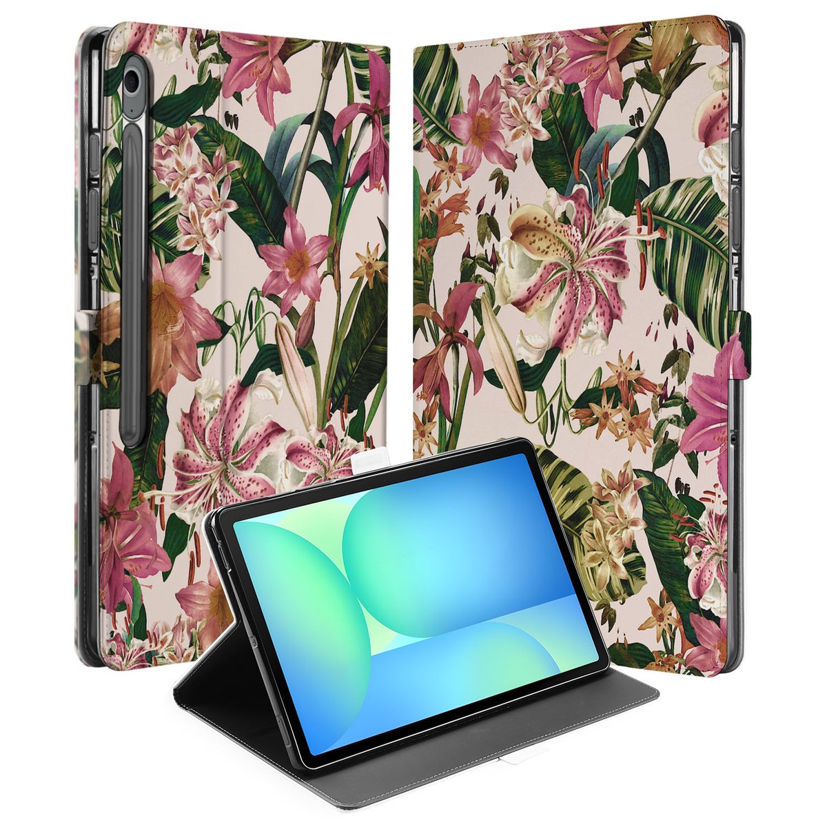 Samsung Galaxy Tab S10 FE Plus Flowers Tablet Hoesje met Standaard voorkant achterzijde design