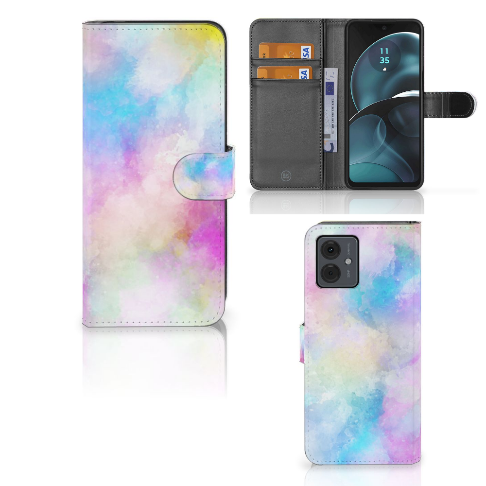 Hoesje Motorola Moto G14 Watercolor Light met pastelkleuren en pasjeshouder, uniek en kleurrijk ontwerp.