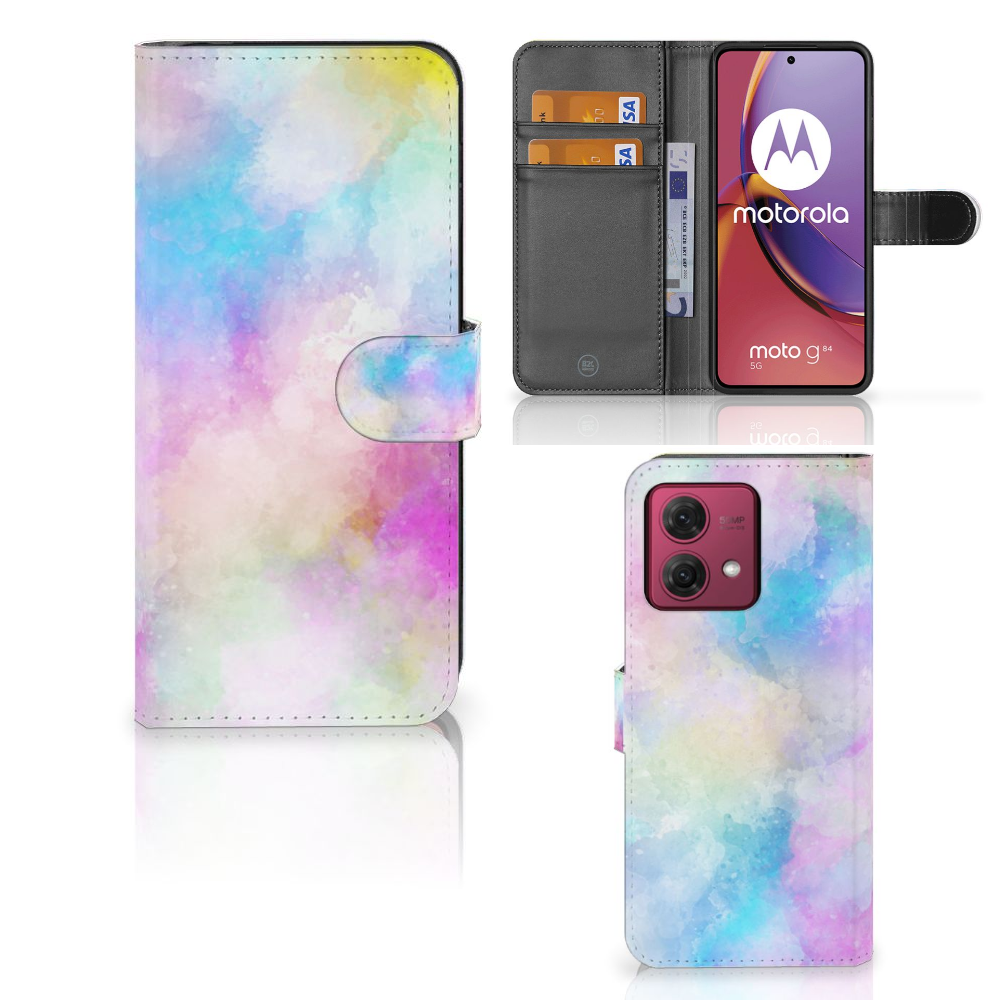Hoesje Motorola Moto G84 Watercolor Light met pasjeshouder in pastelkleuren, uniek en kleurrijk design.