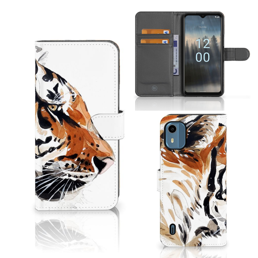 Hoesje Nokia C12 Watercolor Tiger design tzijger voorkant zijkant