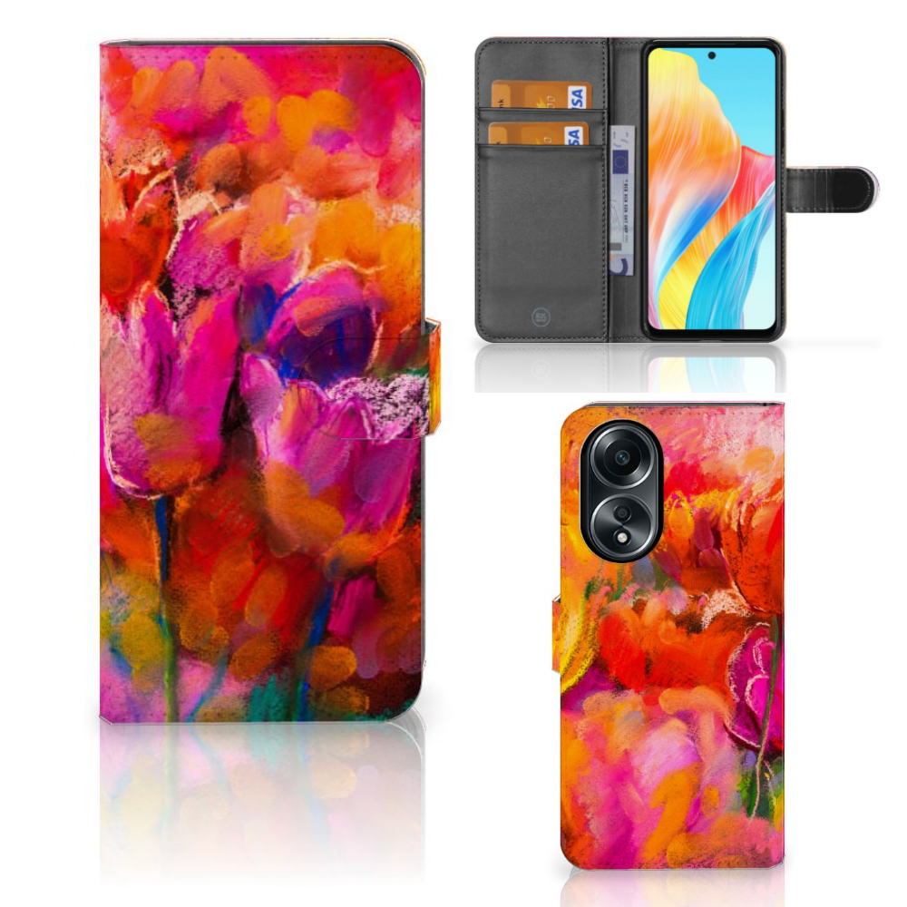 Hoesje OPPO A58 4G Tulips telefoonhoesje kleurrijk tulpen design aanzicht