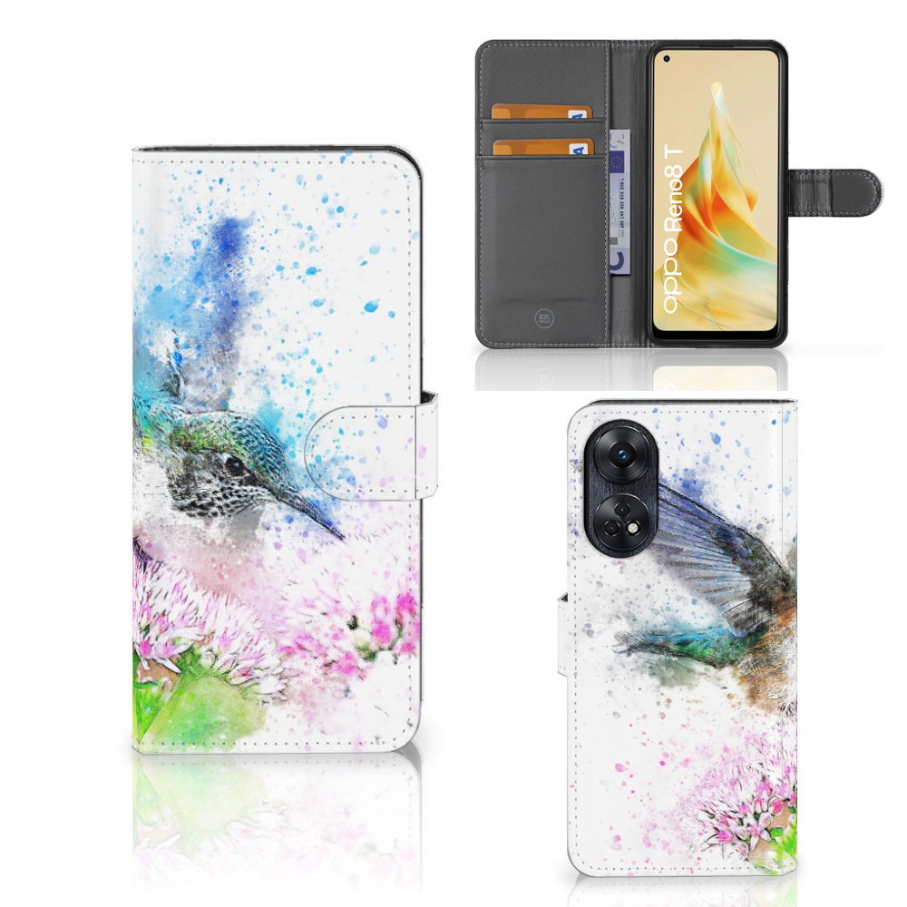 Hoesje OPPO Reno8 T 4G Vogel portefeuille ontwerp kolibrie aanzicht