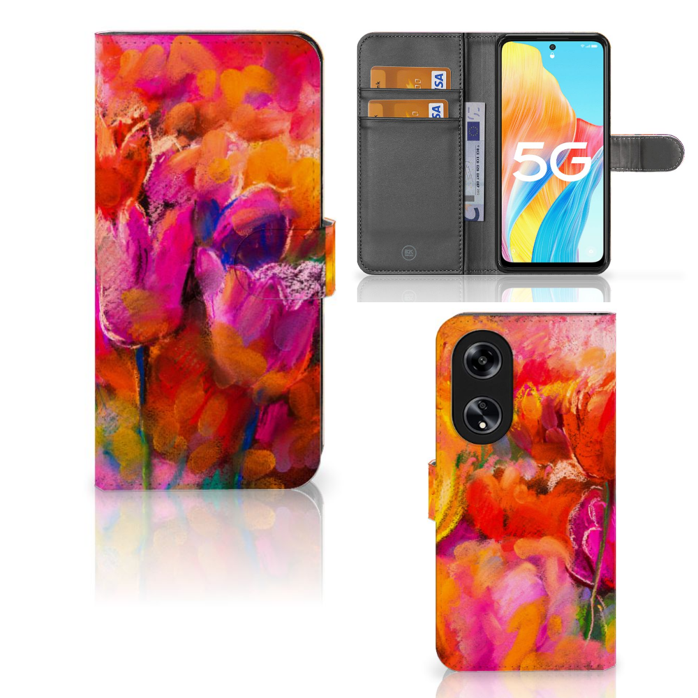 Hoesje OPPO Reno8 T 5G Tulips telefoonhoesje kleurrijk tulpen design voorzijde achterzijde