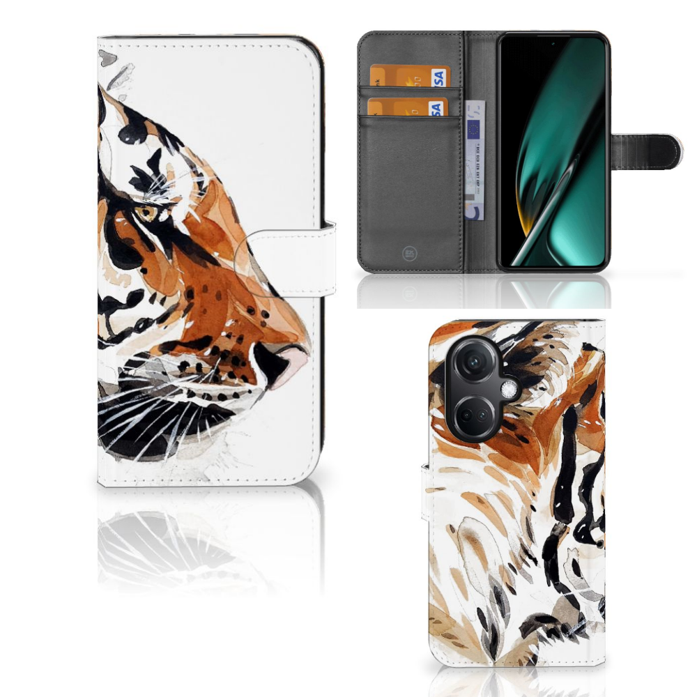 Hoesje OnePlus Nord CE 3 Watercolor Tiger hoesje tijger design voorkant zijkant