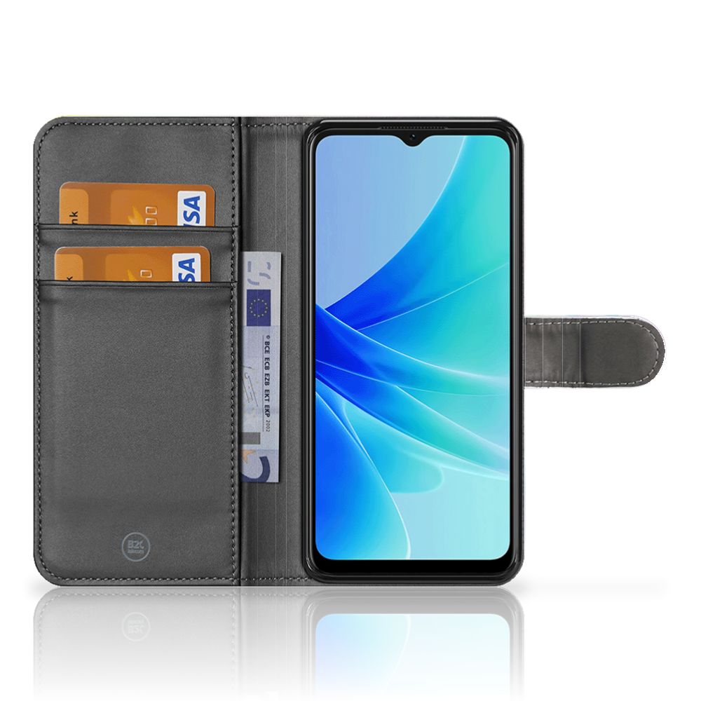 Hoesje PPO A57 | A57s | A77 4G Watercolor Light met pasjeshouder en smartphone zichtbaar.