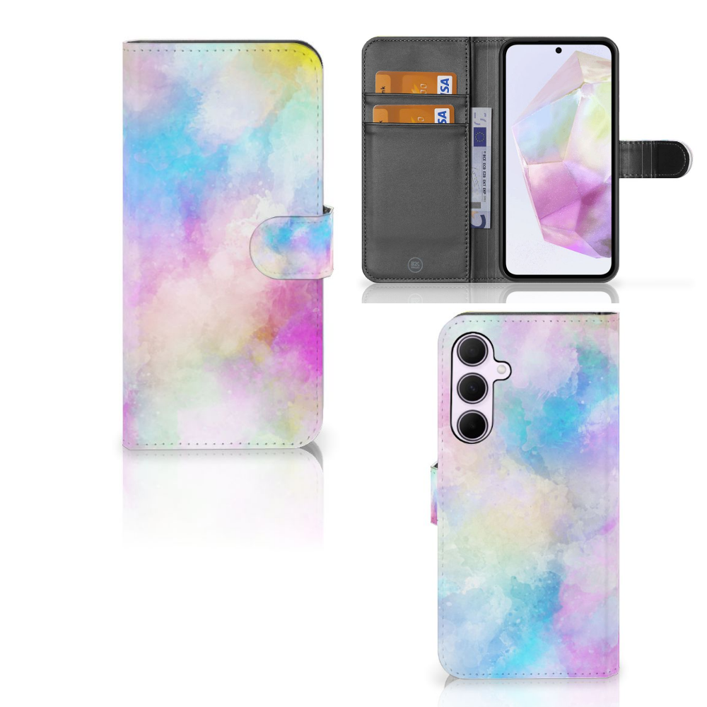 Hoesje Samsung Galaxy A35 Watercolor Light pasjeshouder abstract kleurrijk ontwerp voorkant achterkant