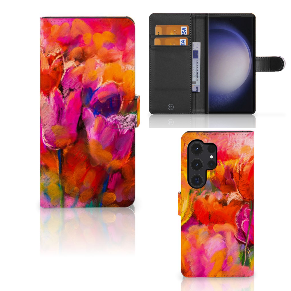 Hoesje Samsung Galaxy S24 Ultra Tulips met ruimte voor 3 pasjes, kleurrijk en artistiek ontwerp đˇ.