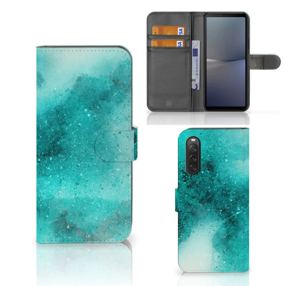 Sony Xperia 10 V Hoesje Painting Blue Voor- en Achteraanzicht en Interieur met Pasjeshouders.