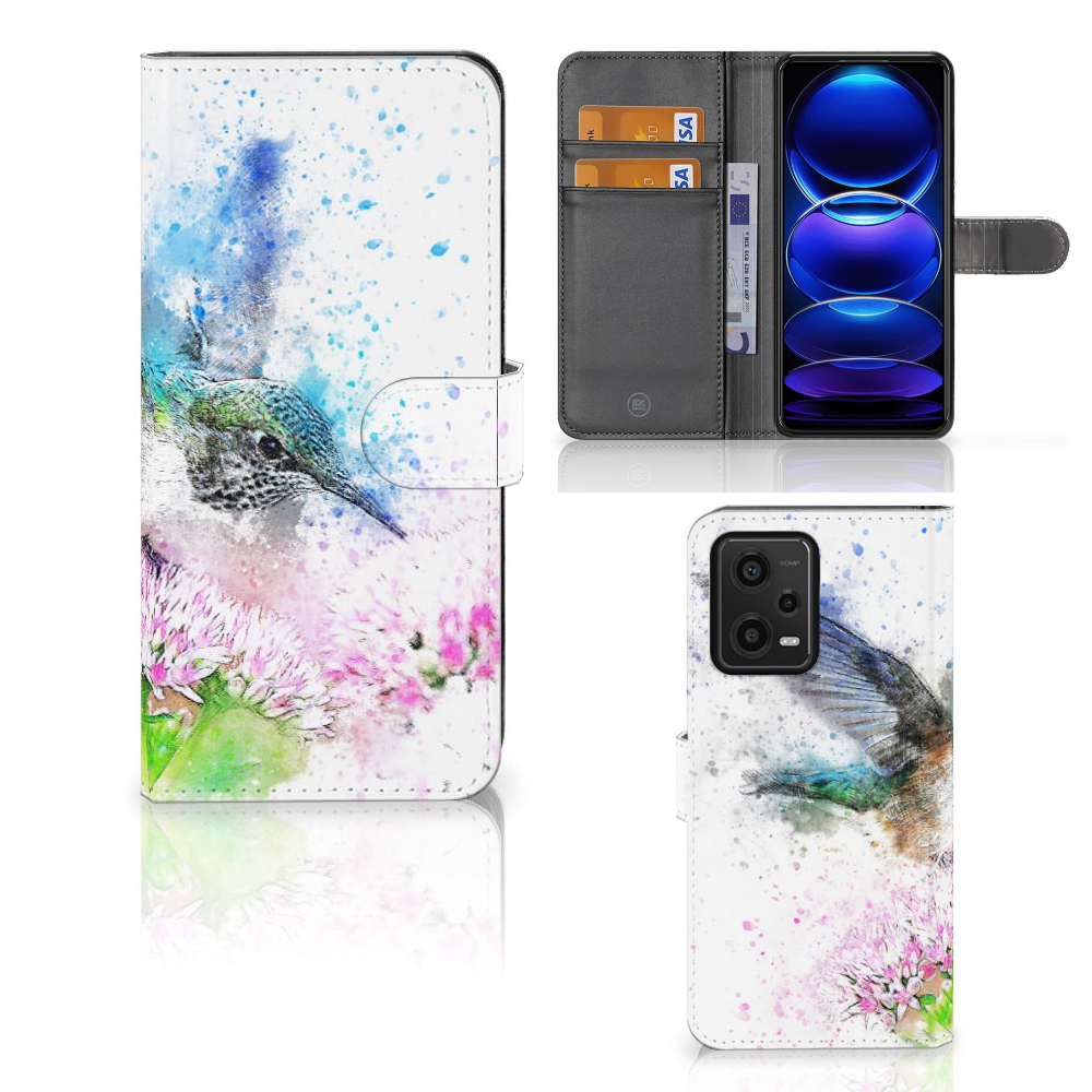 Hoesje Xiaomi Redmi Note 12 5G | Poco X5 Vogel kleurrijk kolibrie bloemen aanzicht