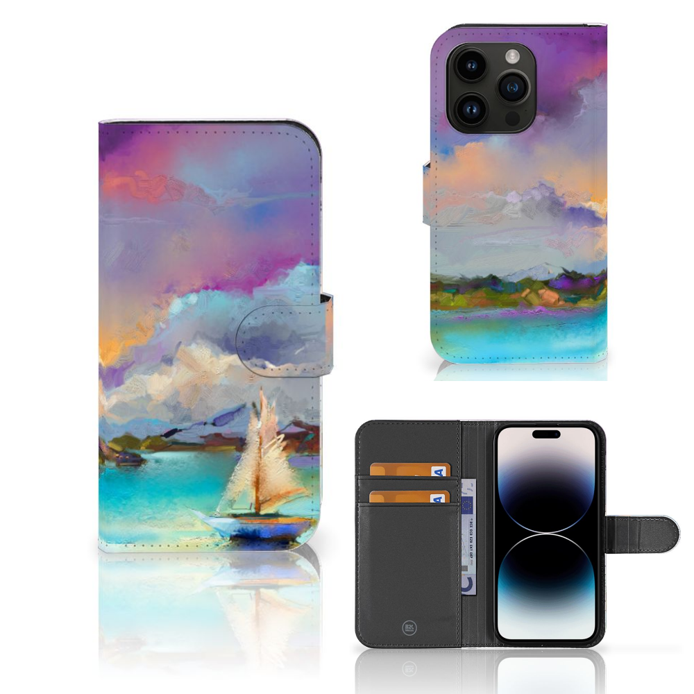 Hoesje iPhone 15 Pro Boat met abstract zeilbootdesign en ruimte voor drie pasjes đ¨