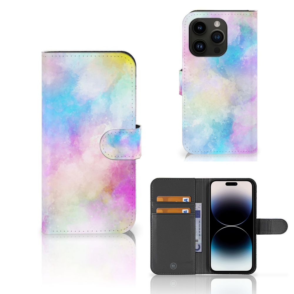 Hoesje iPhone 15 Pro Watercolor Light met pasjeshouder in pastelkleuren.