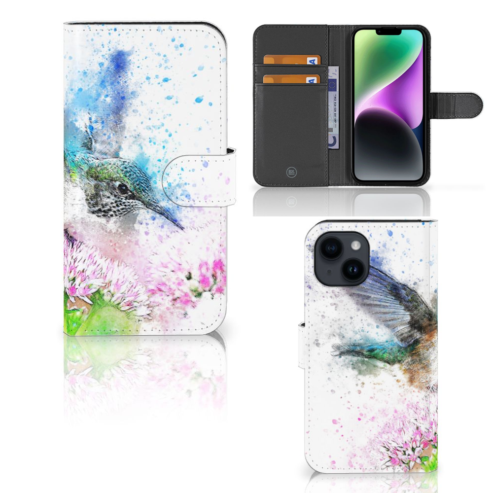 Hoesje iPhone 15 Vogel met kleurrijke kolibrie en bloemen, perfect voor stijl en functionaliteit.