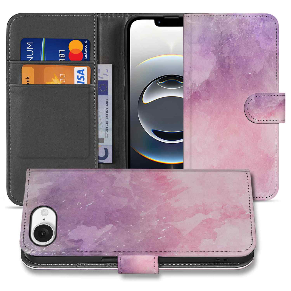 Hoesje iPhone 16e Pink Purple Paint boekcase schilderachtig aanzicht