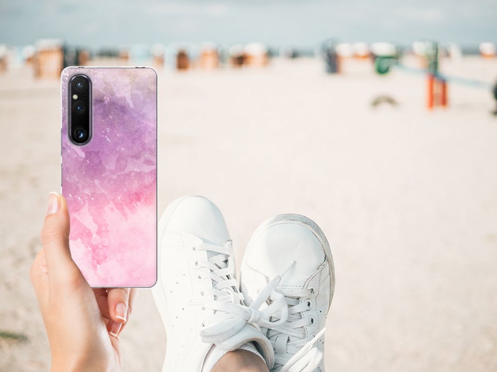 Sony Xperia 1 V hoesje maken Pink Purple Paint design aanzicht