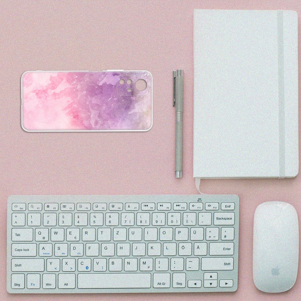 Xiaomi Redmi Note 12S Hoesje maken Pink Purple Paint bovenaanzicht toetsenbord notitieboek pen muis