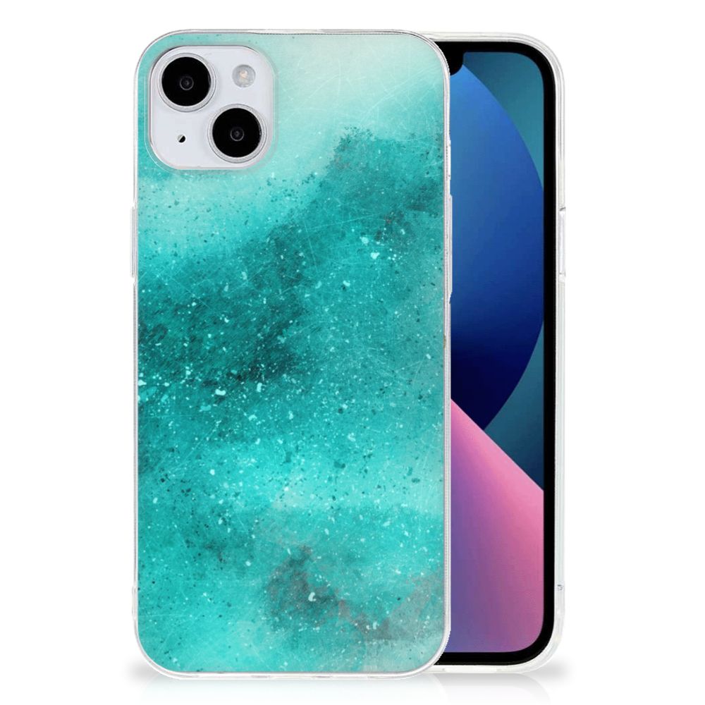 Hoesje maken iPhone 15 Plus Painting Blue met een prachtig turquoise design op een transparant hoesje.