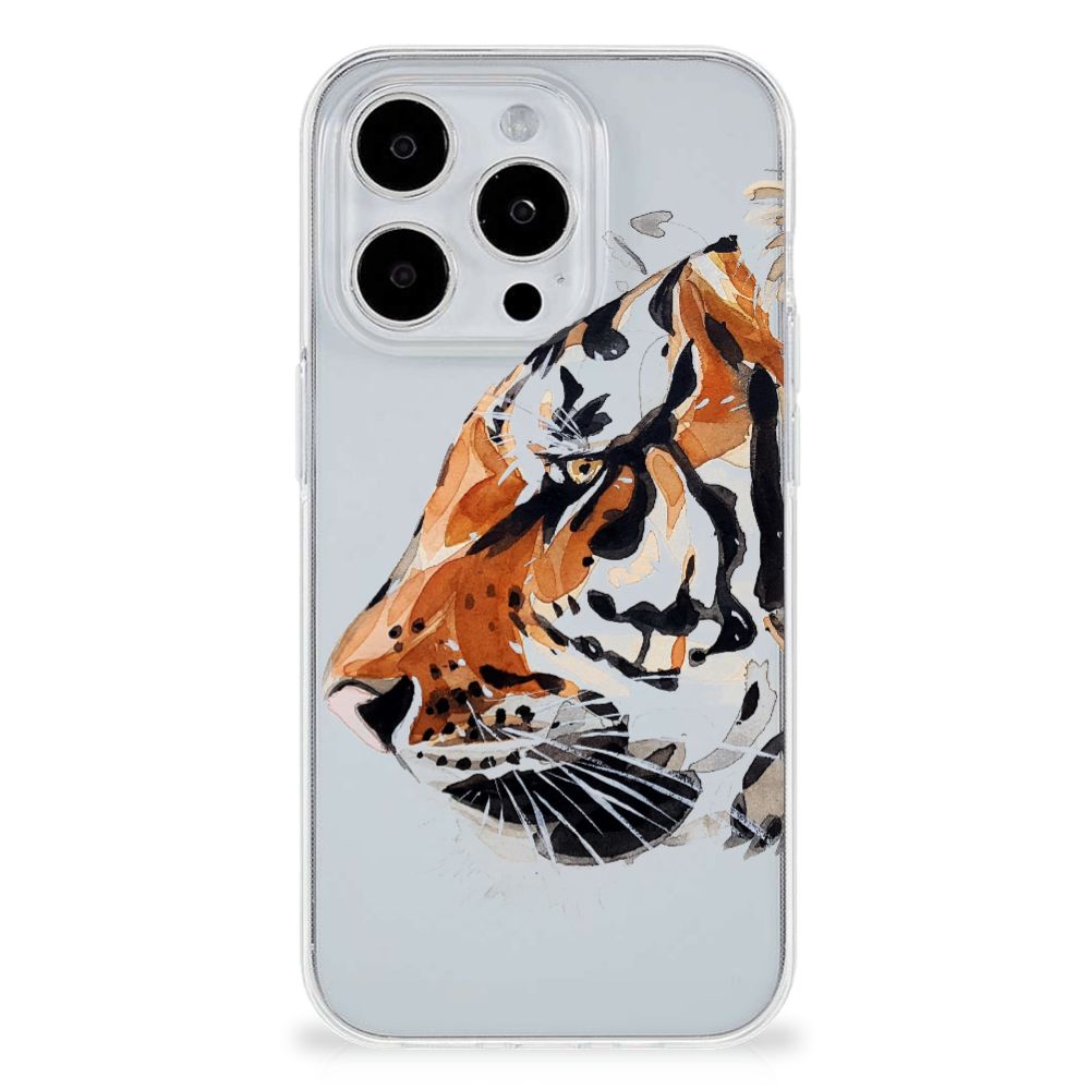 Hoesje maken iPhone 15 Pro Watercolor Tiger - kleurrijke tijgerafbeelding op doorzichtige tpu case.