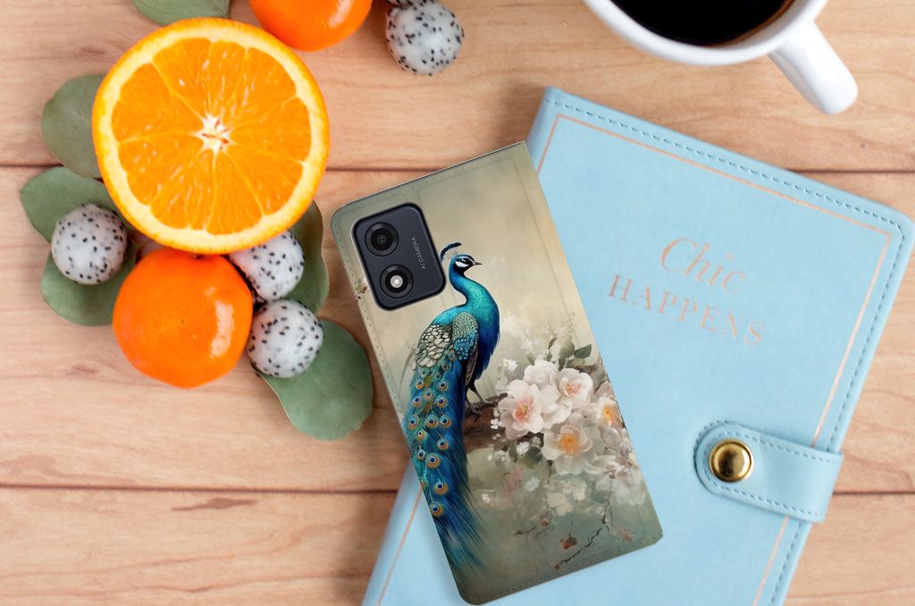 Hoesje maken voor Motorola Moto E13 4G Vintage Pauwen met kleurrijk ontwerp en bloemen, perfect als cadeau 🎁.