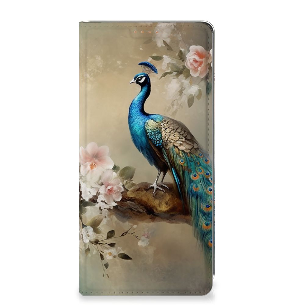 Motorola Moto G34 hoesje maken voor Vintage Pauwen zijaanzicht