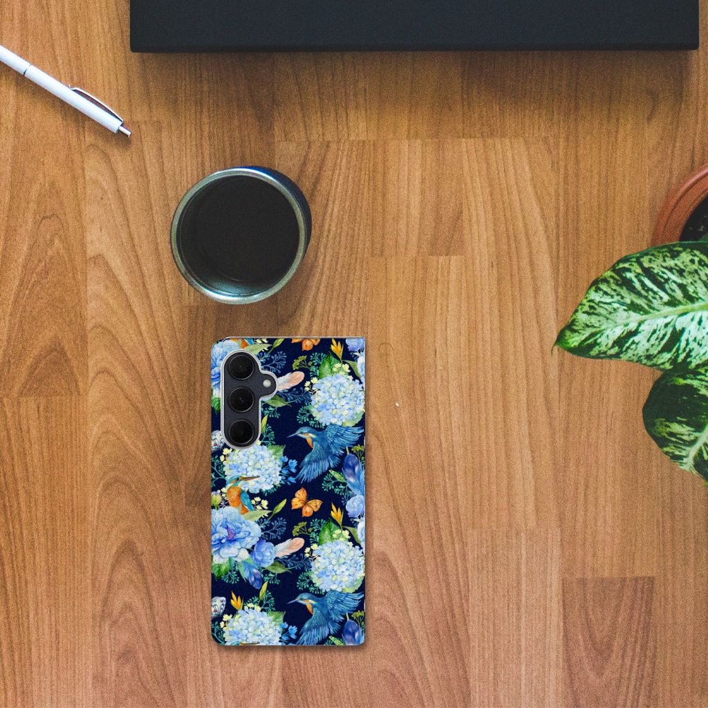 Samsung Galaxy A35 Hoesje maken IJsvogel bloemenprint bovenaanzicht