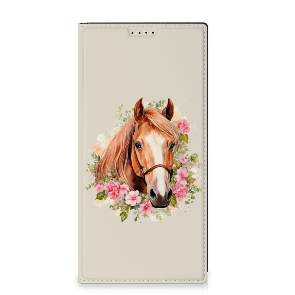 Hoesje maken voor Samsung Galaxy S23 Ultra Paard met prachtige paardenafbeelding en bloemen, perfect als cadeau.
