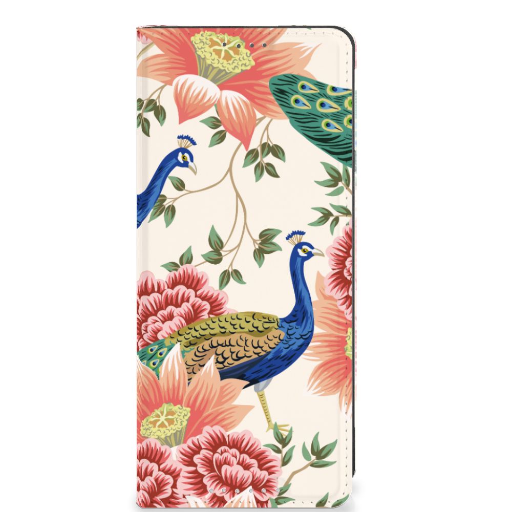 Hoesje maken voor Sony Xperia 5 V Pink Peacock met kleurrijke pauwen en bloemen design. Perfect als cadeau! 🌸