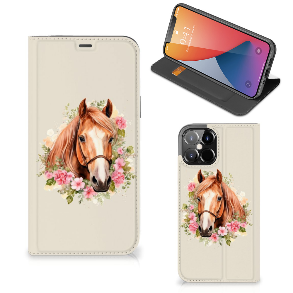 Hoesje maken voor iPhone 12 Pro Max Paard met een paard en bloemen op een beige achtergrond.