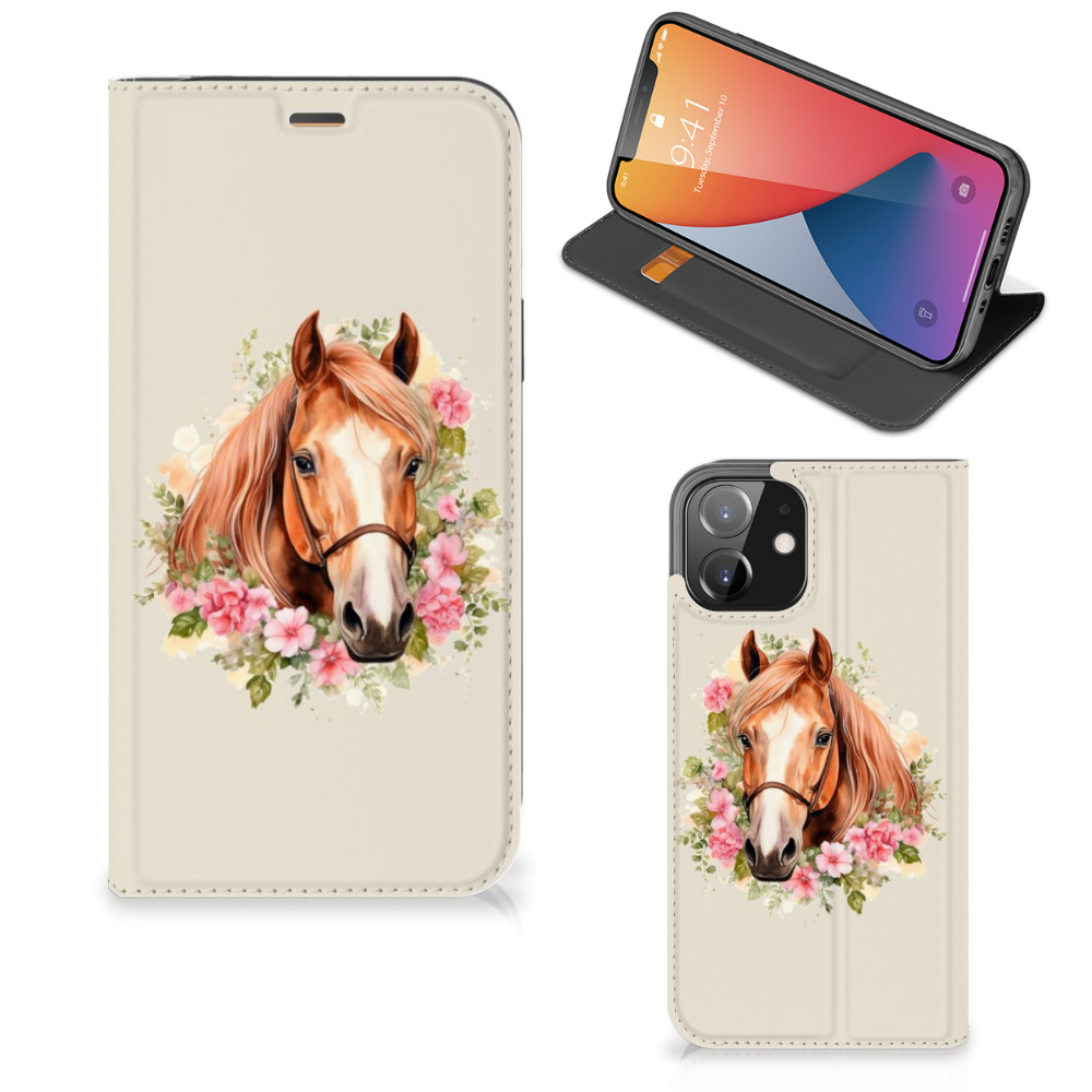 Hoesje maken voor iPhone 12 | iPhone 12 Pro Paard met mooie paardenillustratie en bloemen.